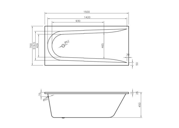 Ванна Boomerang  1500x700 посилений борт, з ніжками (1 сорт)