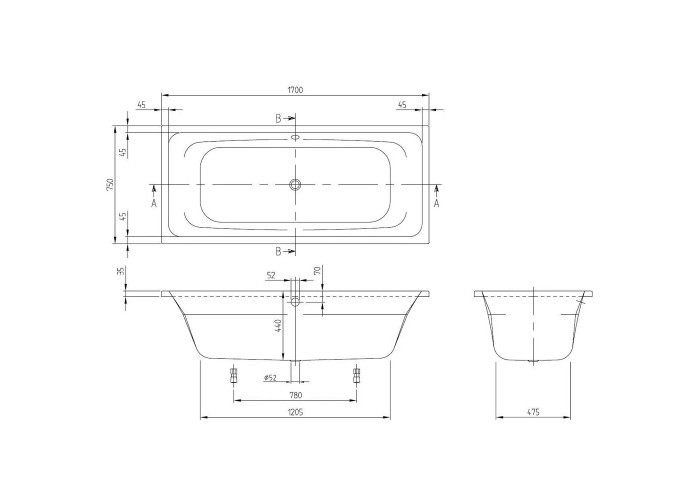 UBA170FRA2V-01 Targa Ванна 170x75см, білий (1 сорт)