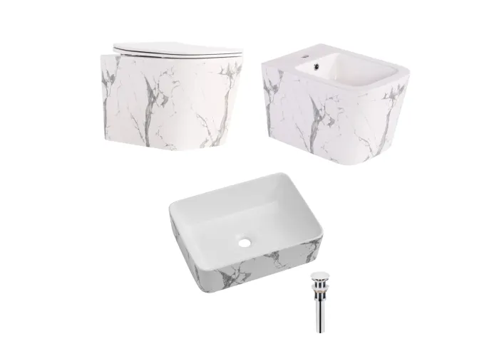 Комплект Qtap Tern Marble 3 в 1: підвісний унітаз Ultra Quiet + біде підвісне + раковина накладна QTTERMR49164