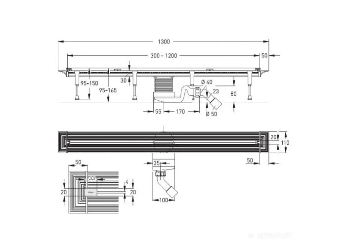 Advantix Vario Душовий лоток з вставкою мат. 300-1200mm Viega хром 704353