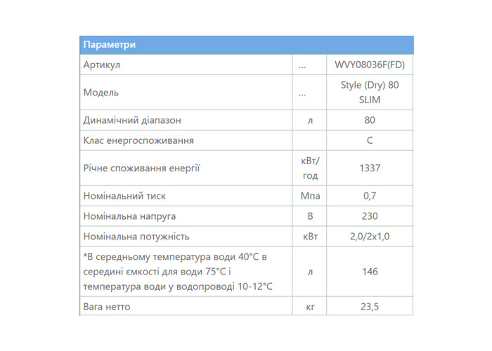 WVY08036F Водонагрівач Eldom Style Dry 80л. Slim 2,0 kW (1 сорт)
